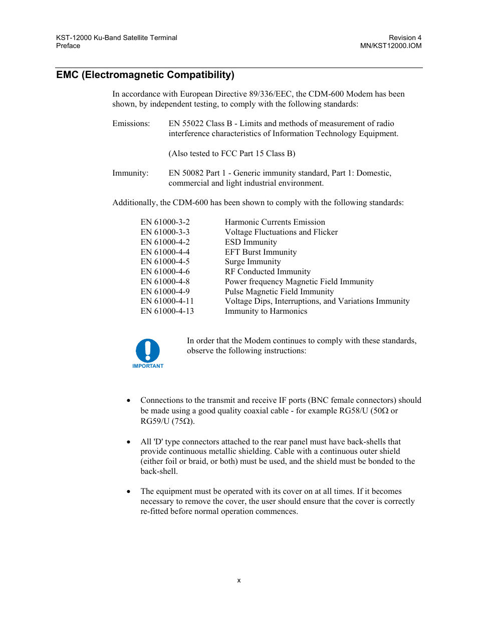 Emc (electromagnetic compatibility) | Comtech EF Data KST-12000 User Manual | Page 12 / 122