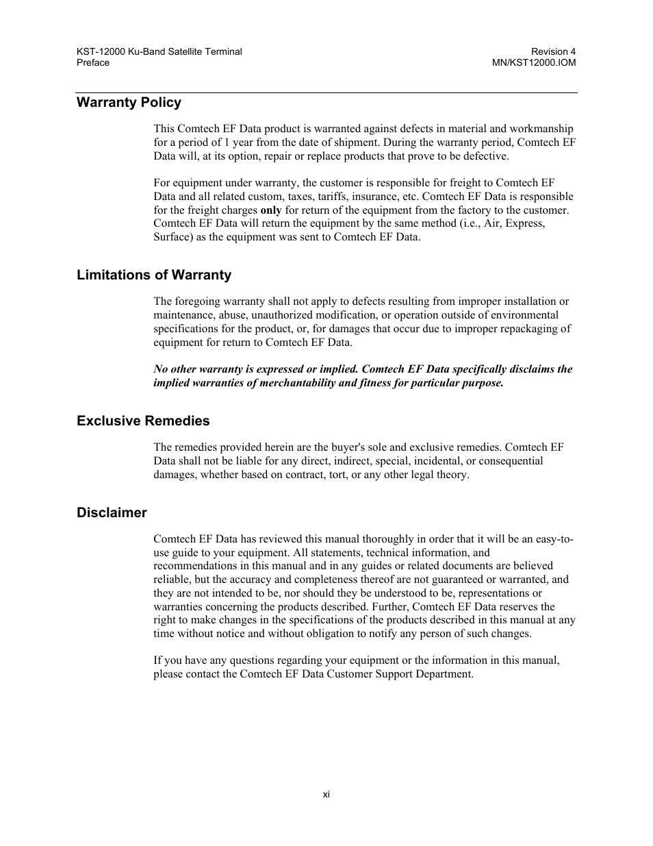 Warranty policy, Limitations of warranty, Exclusive remedies | Disclaimer | Comtech EF Data KST-12000 User Manual | Page 13 / 122