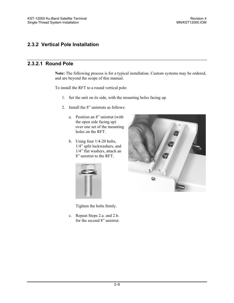 2 vertical pole installation, 1 round pole | Comtech EF Data KST-12000 User Manual | Page 36 / 122