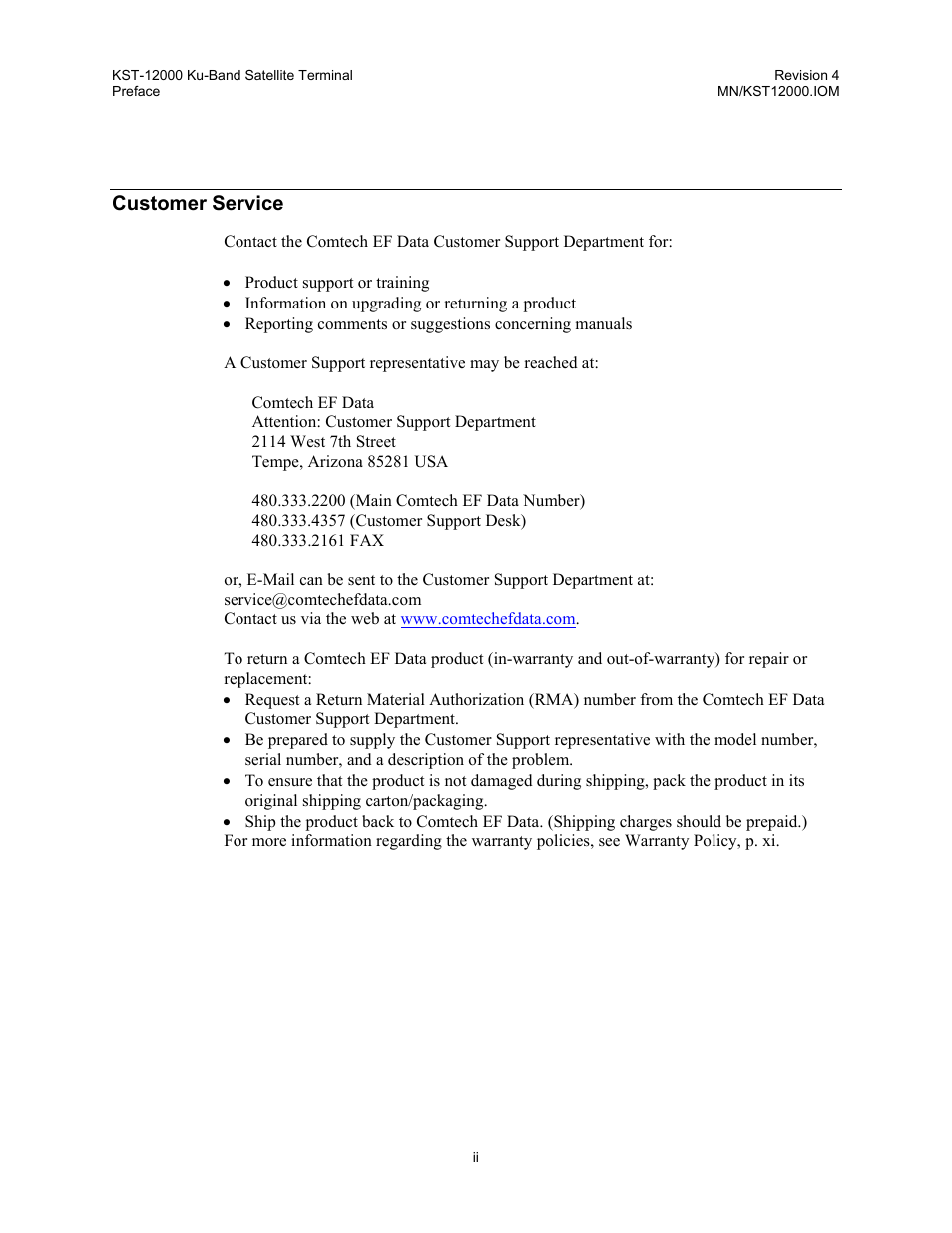 Customer service | Comtech EF Data KST-12000 User Manual | Page 4 / 122