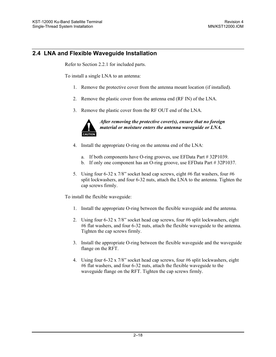 4 lna and flexible waveguide installation | Comtech EF Data KST-12000 User Manual | Page 46 / 122