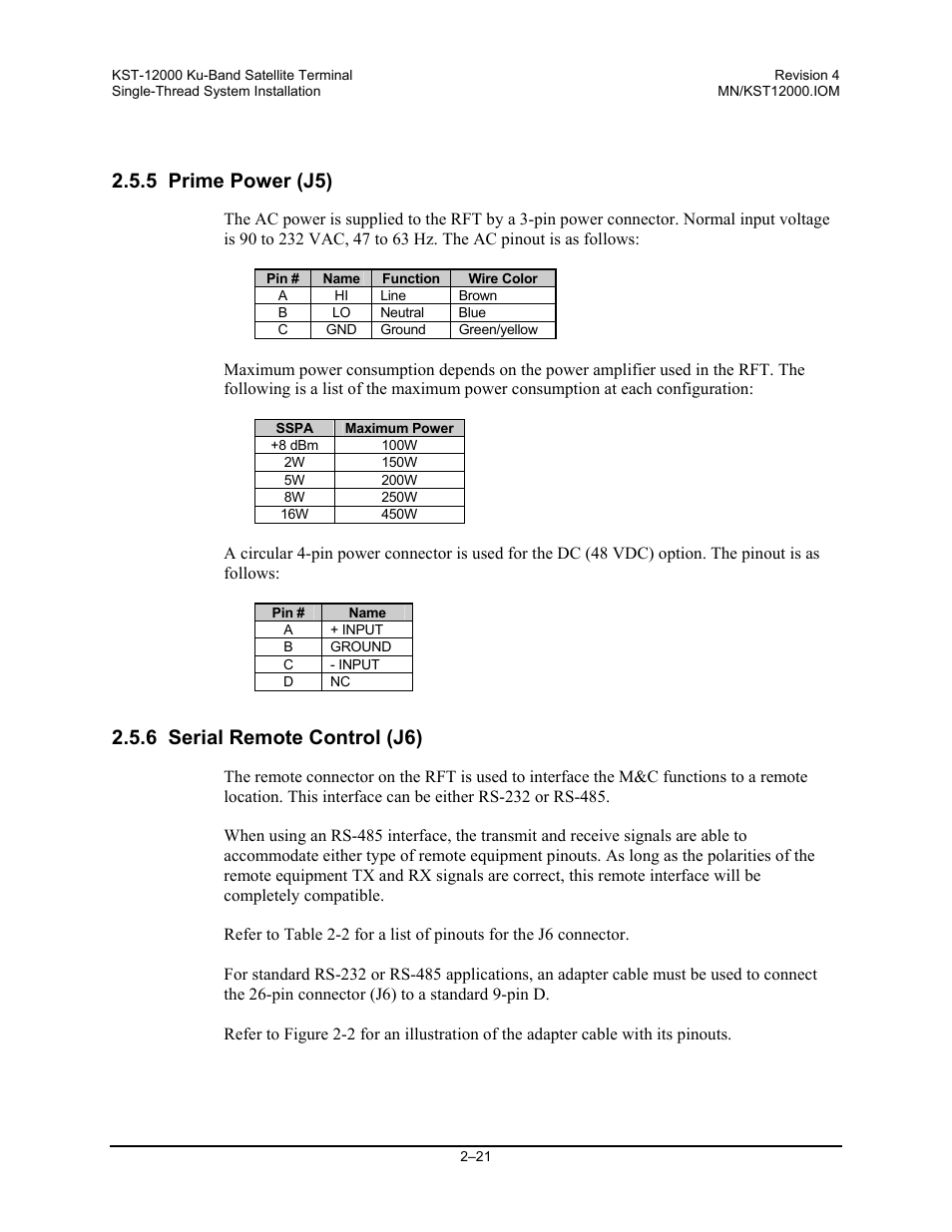 5 prime power (j5), 6 serial remote control (j6) | Comtech EF Data KST-12000 User Manual | Page 49 / 122