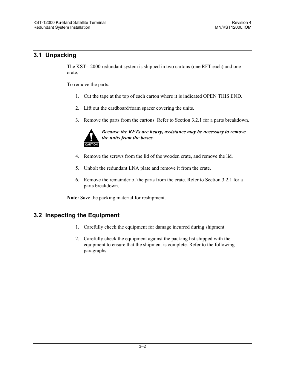 1 unpacking, 2 inspecting the equipment | Comtech EF Data KST-12000 User Manual | Page 54 / 122