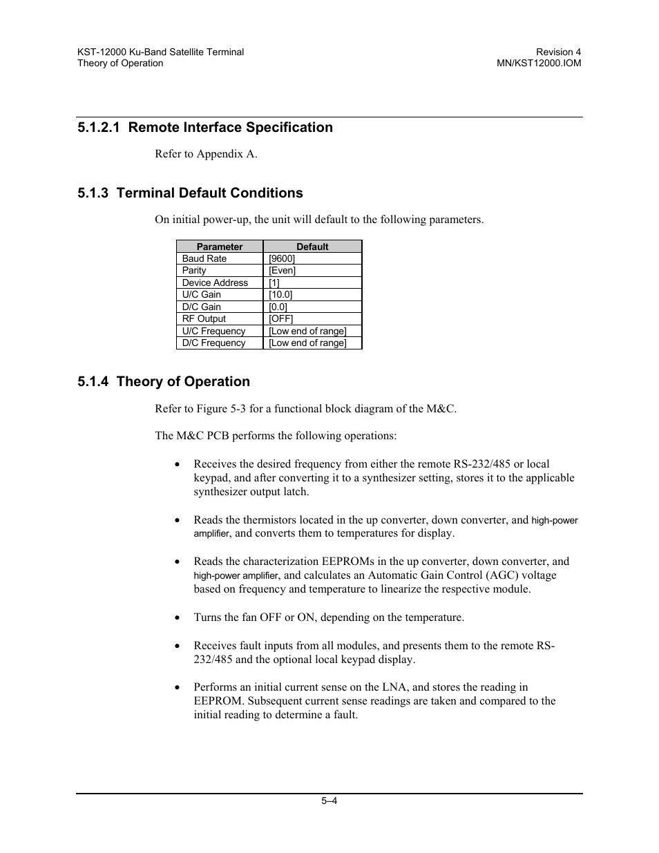 1 remote interface specification, 3 terminal default conditions, 4 theory of operation | Comtech EF Data KST-12000 User Manual | Page 88 / 122