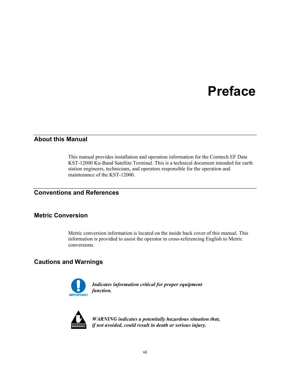 Preface, About this manual, Conventions and references | Metric conversion, Cautions and warnings | Comtech EF Data KST-12000 User Manual | Page 9 / 122