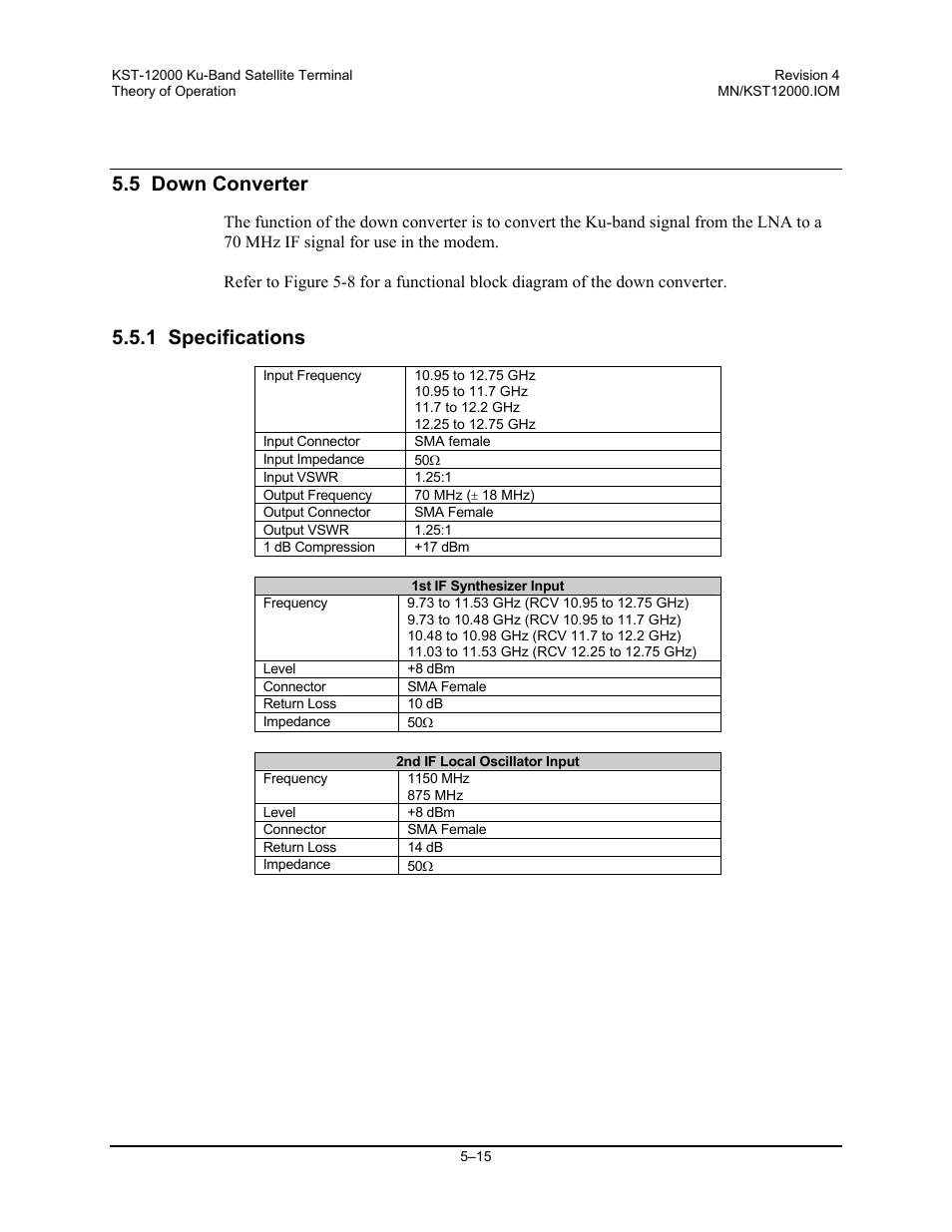 5 down converter, 1 specifications | Comtech EF Data KST-12000 User Manual | Page 99 / 122