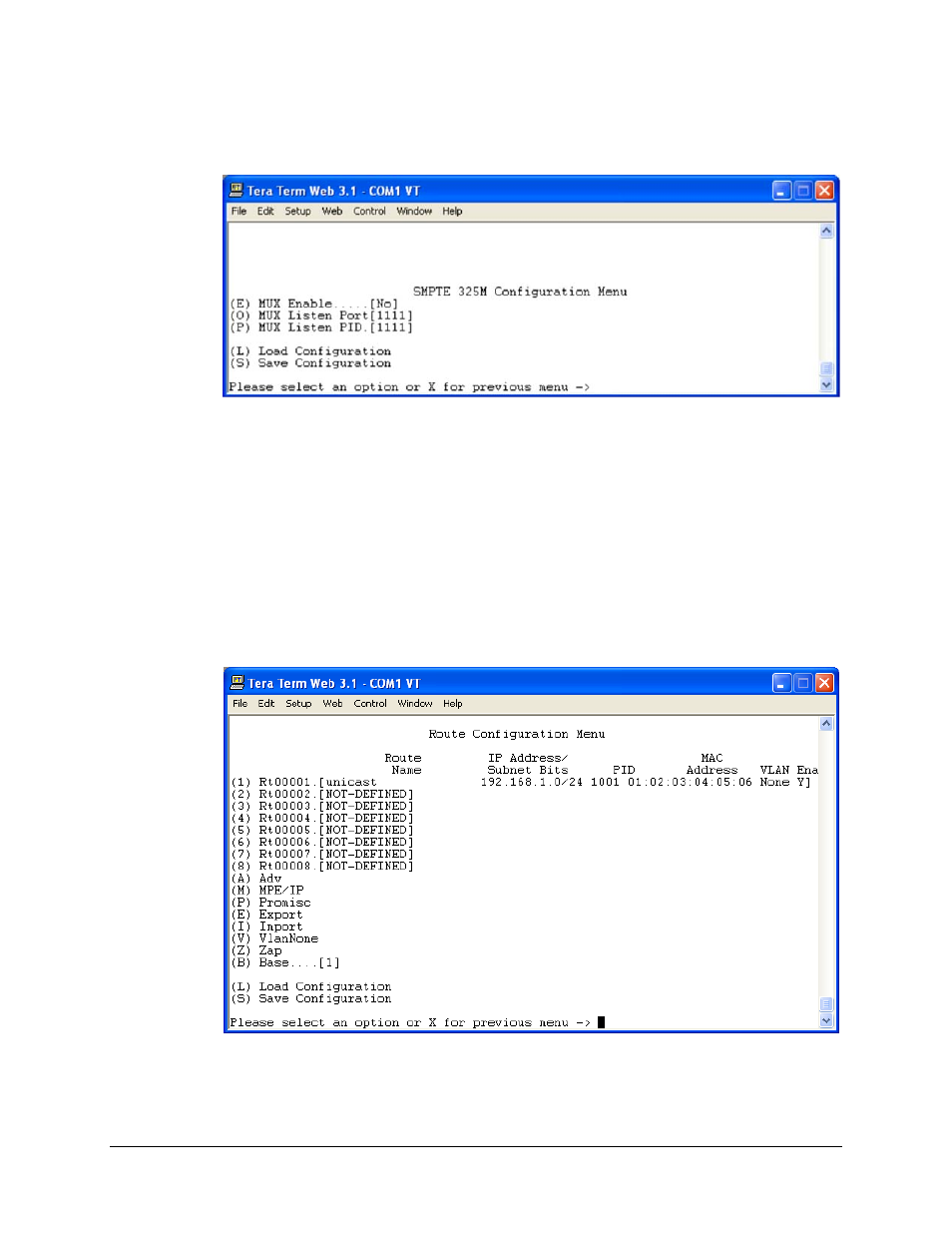 7 smpte 325m configuration menu, 8 route configuration menu | Comtech EF Data CME-5000 Manual User Manual | Page 63 / 90