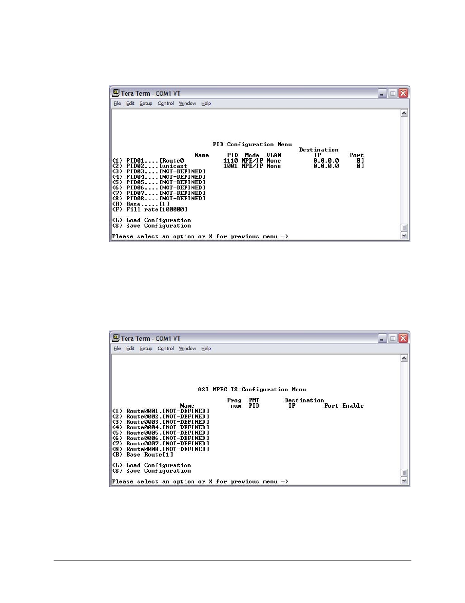 6 pid configuration menu, 7 asi mpeg ts configuration menu | Comtech EF Data CME-5200 Manual User Manual | Page 36 / 54