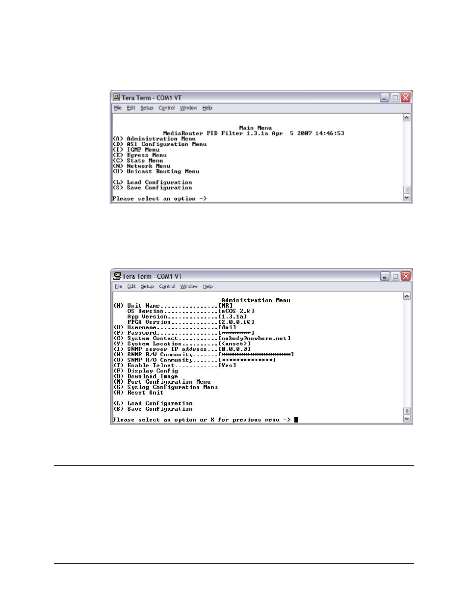 1 main menu, 2 administration menu, 1 port number configuration | Comtech EF Data CMR-5930 Manual User Manual | Page 38 / 60