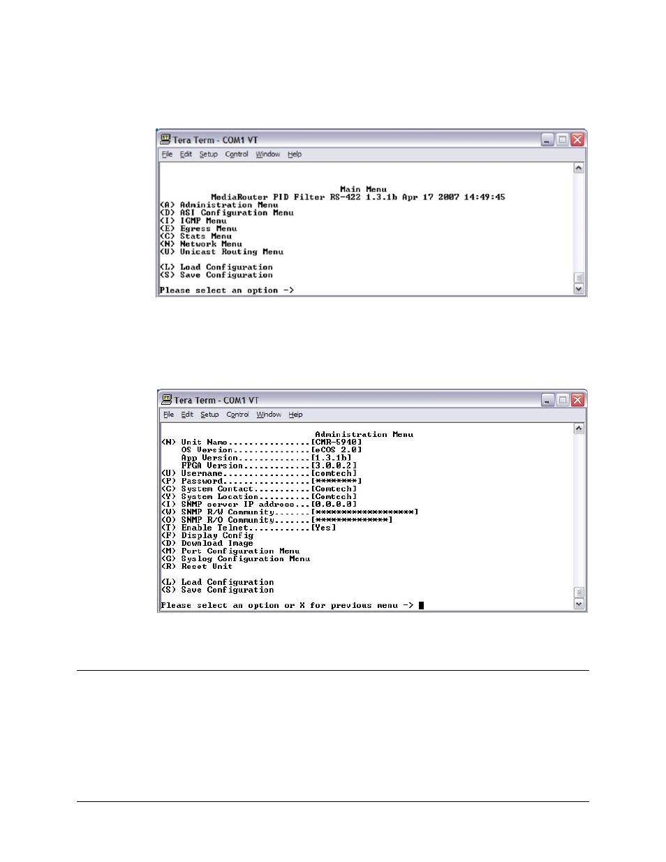 1 main menu, 2 administration menu, 1 port number configuration | Comtech EF Data CMR-5940 Manual User Manual | Page 39 / 60