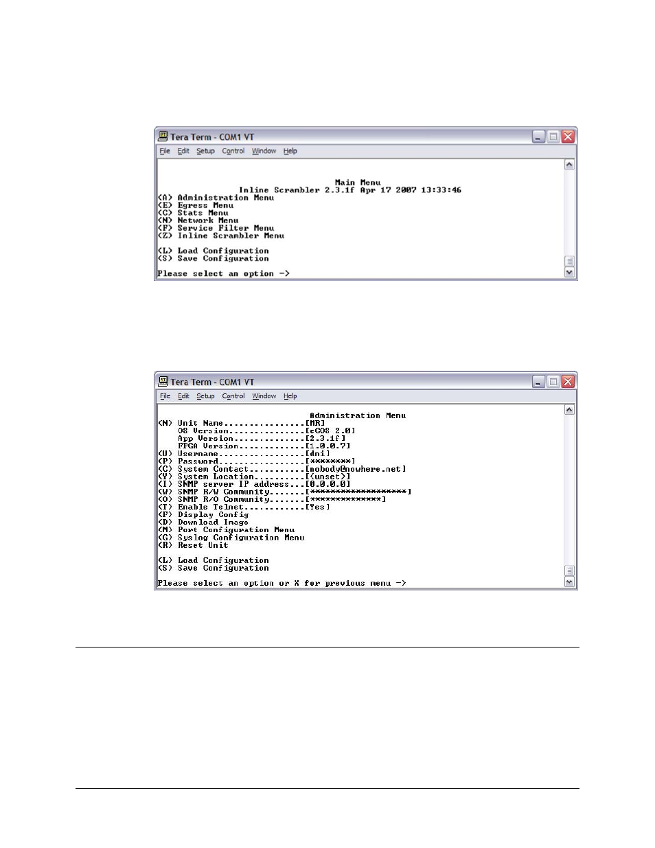 1 main menu, 2 administration menu, 1 port number configuration | Comtech EF Data CMR-5950 Manual User Manual | Page 39 / 60