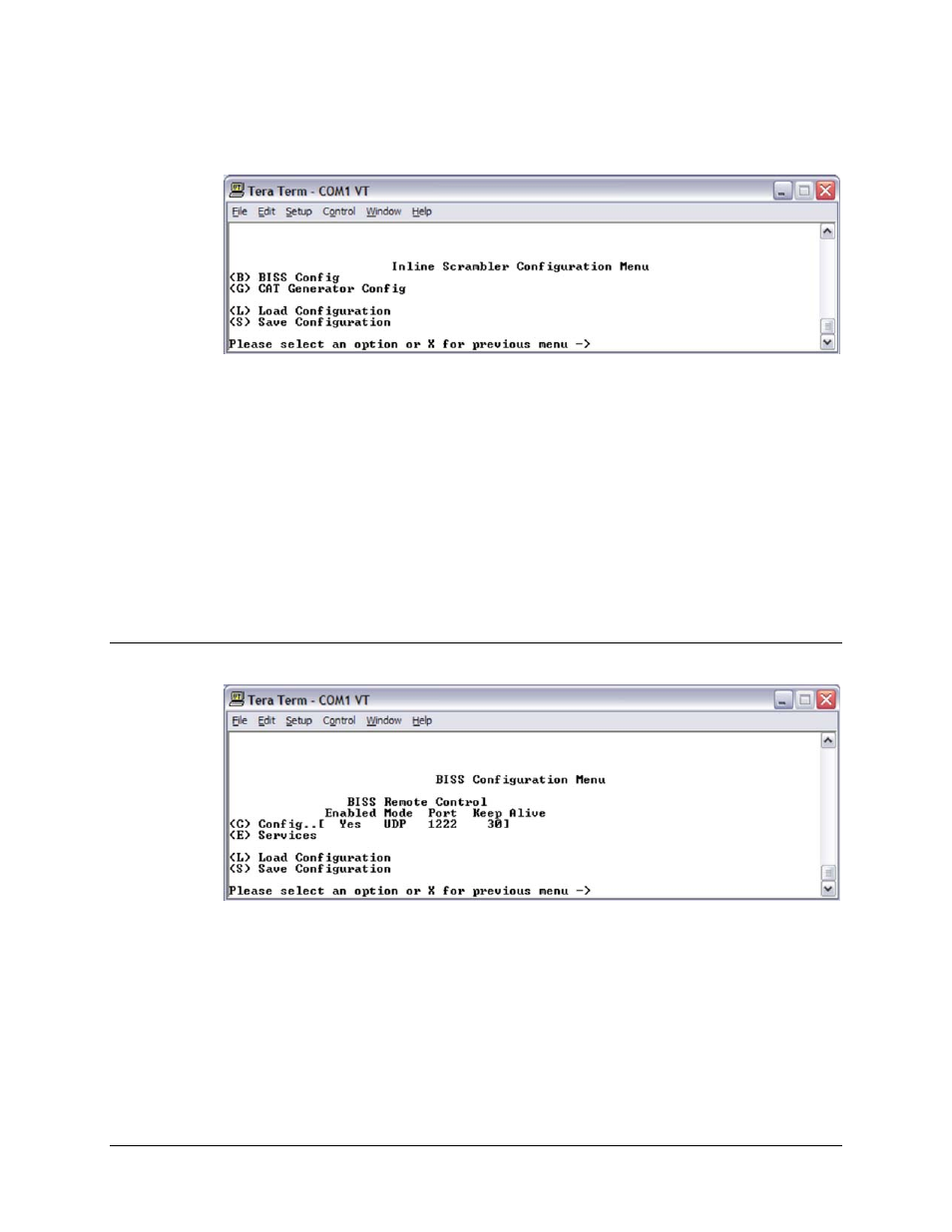 7 inline scrambler configuration menu, 1 biss configuration menu | Comtech EF Data CMR-5950 Manual User Manual | Page 43 / 60