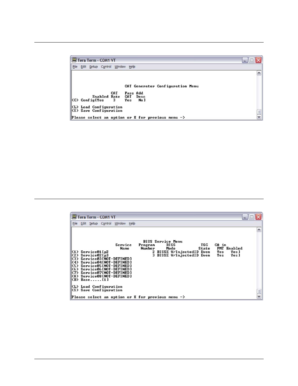 2 cat generator configuration menu, 3 biss service menu | Comtech EF Data CMR-5950 Manual User Manual | Page 44 / 60