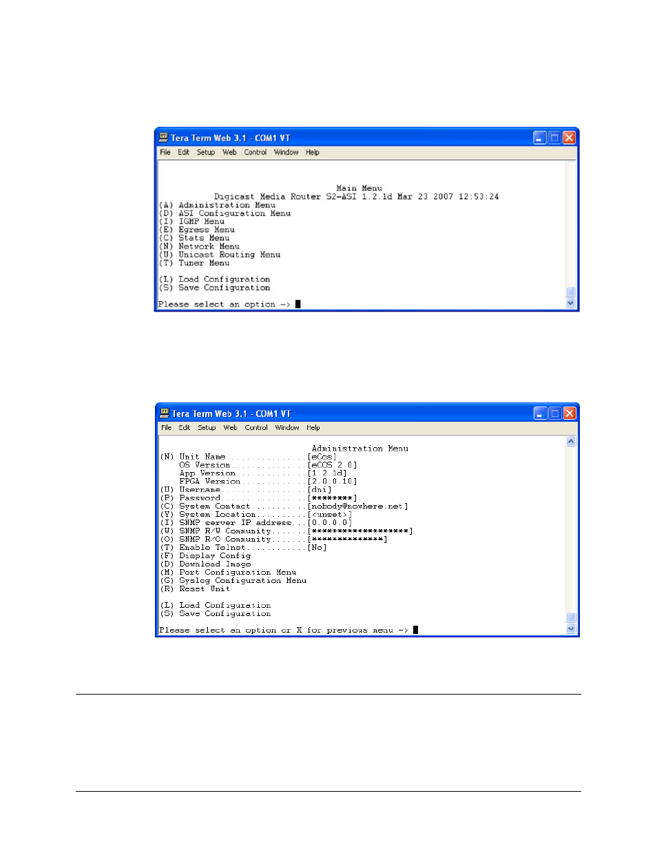 1 main menu, 2 administration menu, 1 port number configuration | Comtech EF Data CMR-5970 Manual User Manual | Page 45 / 78
