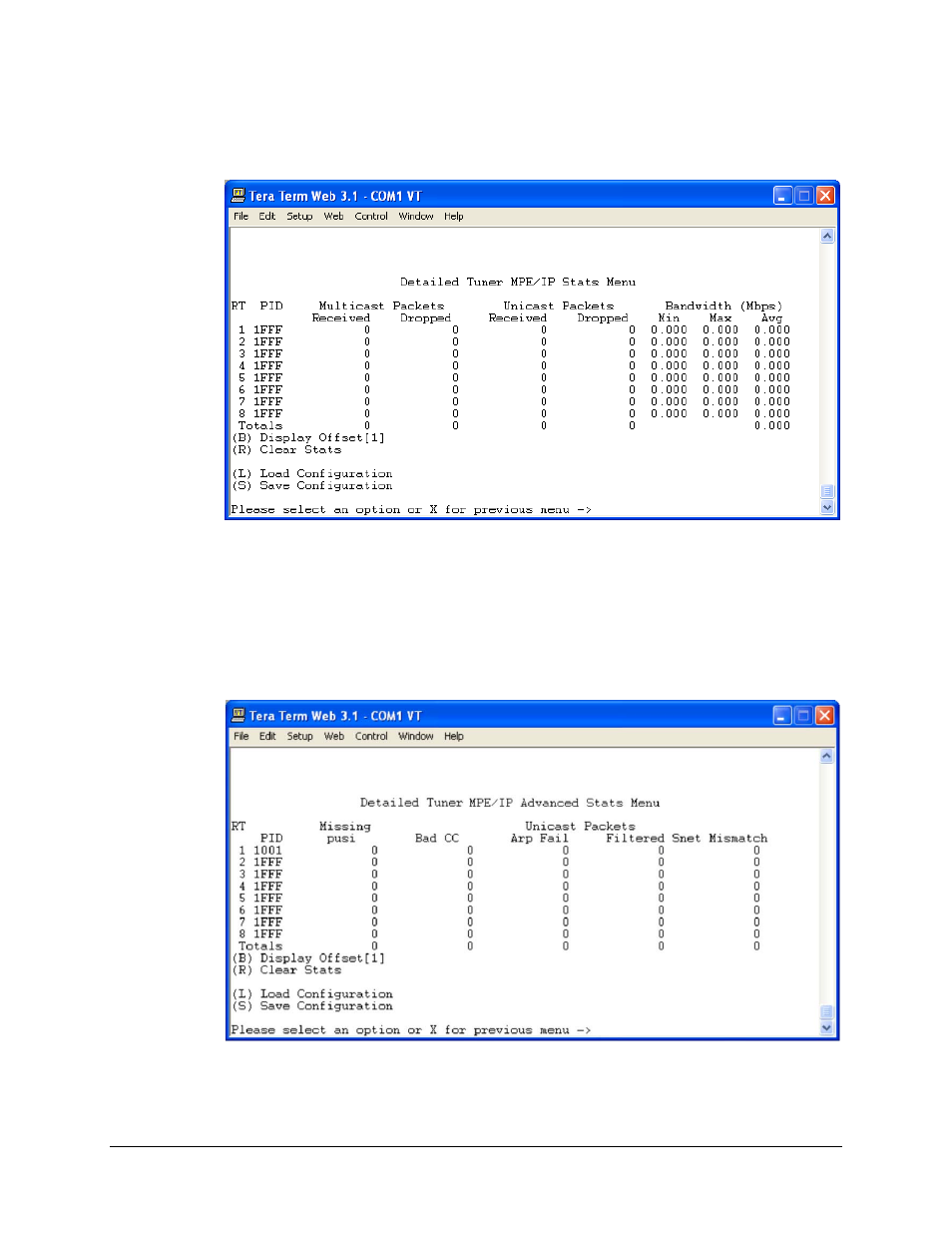 1 detailed tuner mpe/ip stats menu, 2 detailed tuner mpe/ip advanced stats menu | Comtech EF Data CMR-5970 Manual User Manual | Page 56 / 78