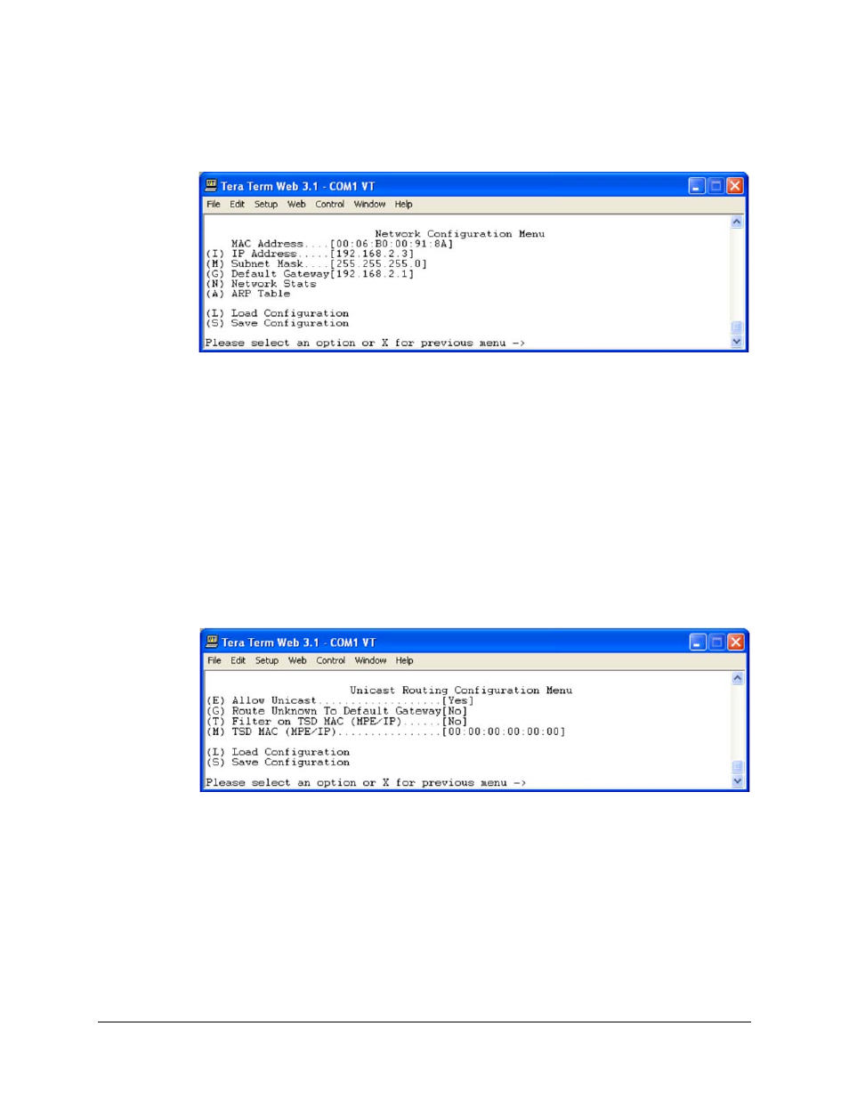 7 network configuration menu, 8 unicast routing configuration menu | Comtech EF Data CMR-5970 Manual User Manual | Page 59 / 78