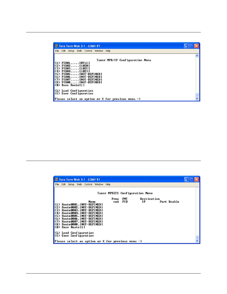 2 tuner mpe/ip configuration menu, 3 tuner mpeg ts configuration menu | Comtech EF Data CMR-5970 Manual User Manual | Page 61 / 78