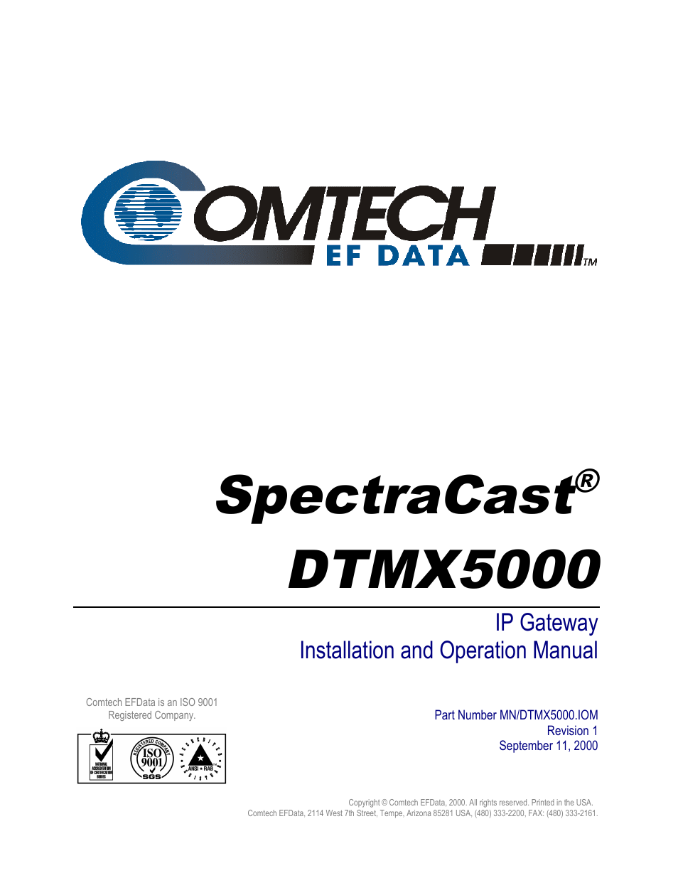 Spectracast, Dtmx5000 | Comtech EF Data DTMX5000
 SpectraCast User Manual | Page 3 / 180