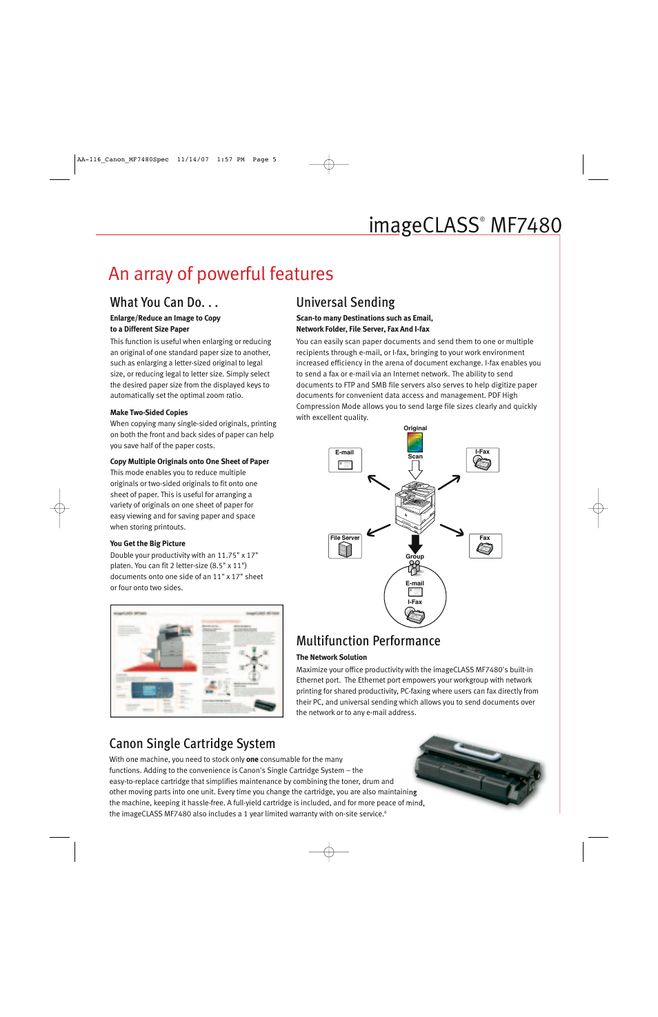 Imageclass, Mf7480, An array of powerful features | Multifunction performance, What you can do, Canon single cartridge system, Universal sending | Canon ImageCLASS MF7480 User Manual | Page 3 / 4