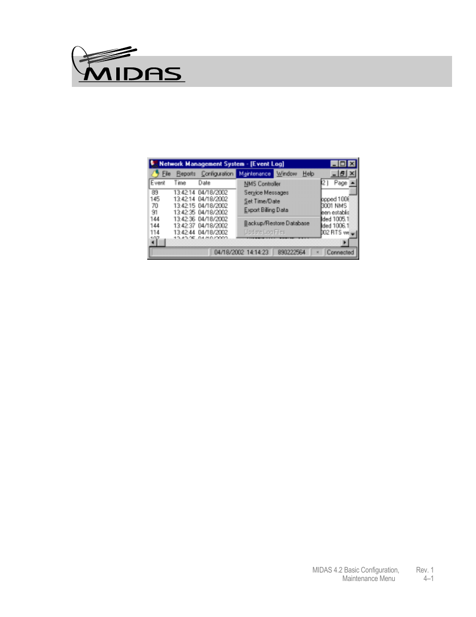 Maintenance menu | Comtech EF Data MIDAS Version 4.X Basic Configuration User Manual | Page 129 / 164