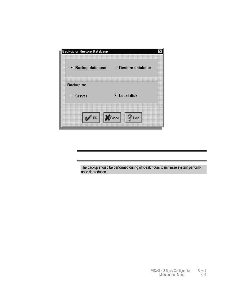 Backup database | Comtech EF Data MIDAS Version 4.X Basic Configuration User Manual | Page 137 / 164