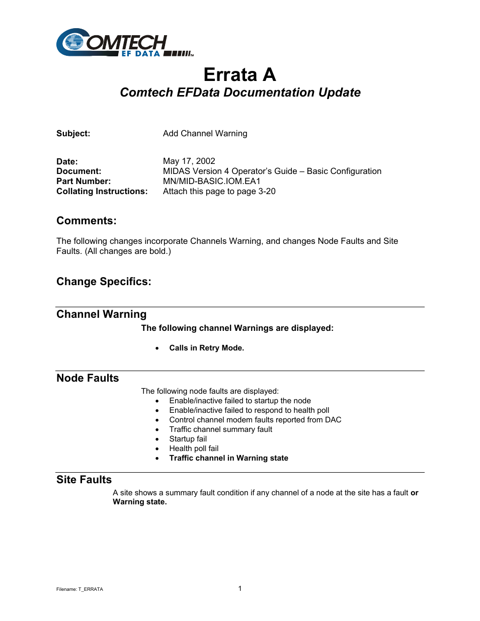 Errata a, Comtech efdata documentation update, Comments | Change specifics: channel warning, Node faults, Site faults | Comtech EF Data MIDAS Version 4.X Basic Configuration User Manual | Page 157 / 164