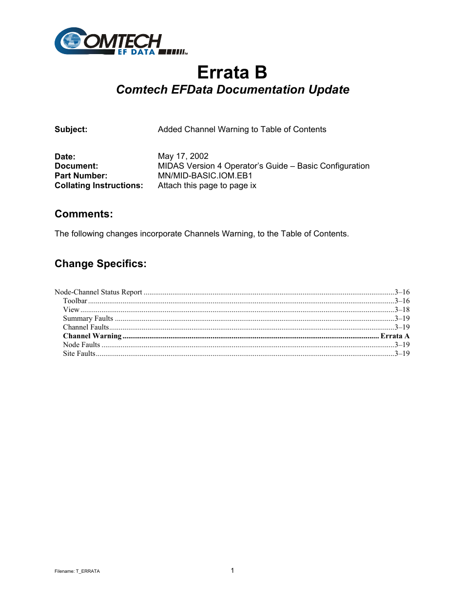 Errata b, Comtech efdata documentation update | Comtech EF Data MIDAS Version 4.X Basic Configuration User Manual | Page 158 / 164