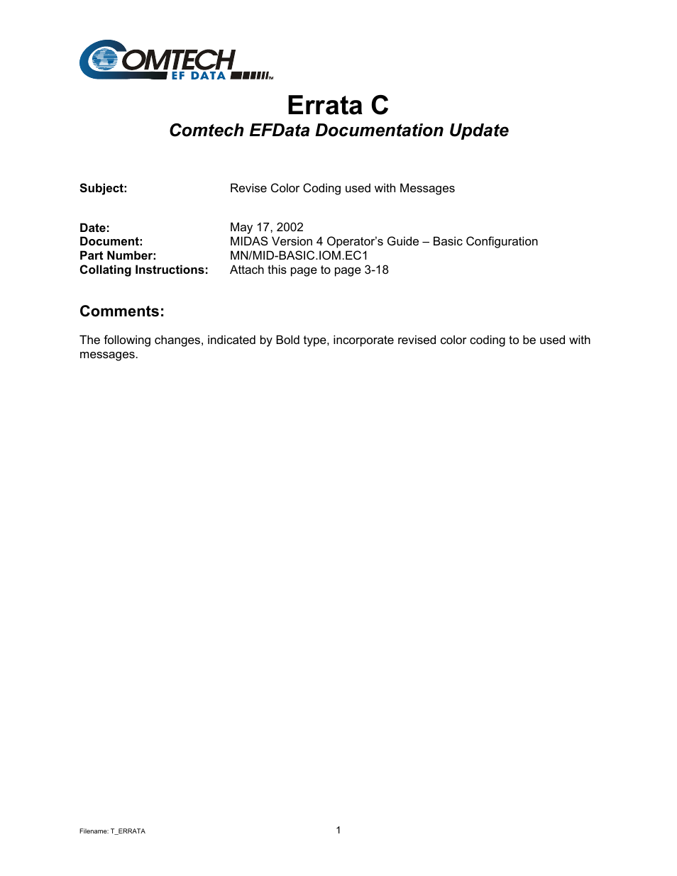 Errata c, Comtech efdata documentation update | Comtech EF Data MIDAS Version 4.X Basic Configuration User Manual | Page 159 / 164