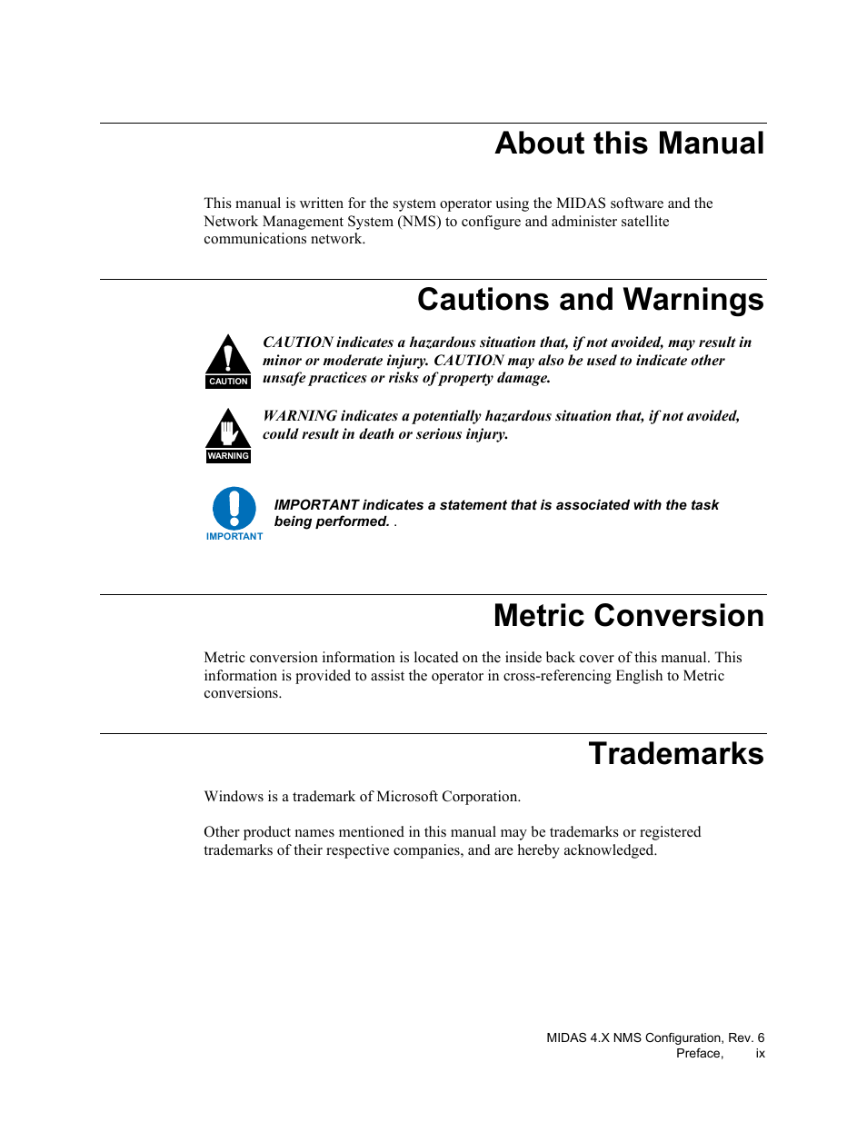 About this manual, Cautions and warnings, Metric conversion | Trademarks | Comtech EF Data MIDAS Version 4.X NMS Configuration User Manual | Page 11 / 150