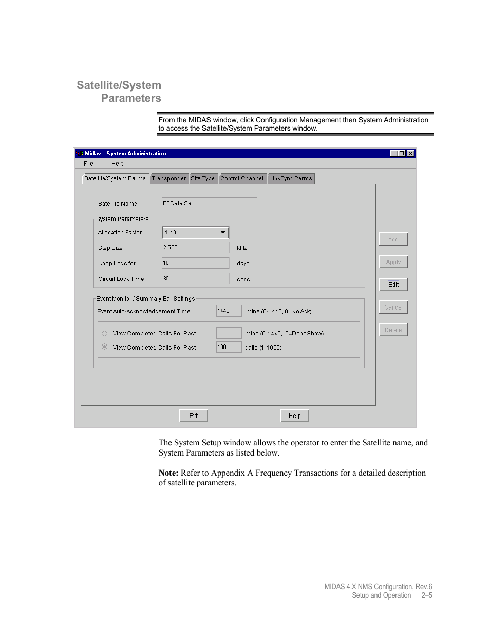 Satellite/system parameters | Comtech EF Data MIDAS Version 4.X NMS Configuration User Manual | Page 33 / 150
