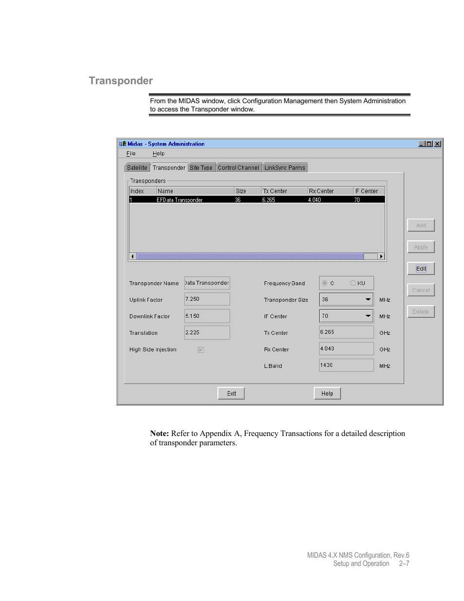 Transponder | Comtech EF Data MIDAS Version 4.X NMS Configuration User Manual | Page 35 / 150