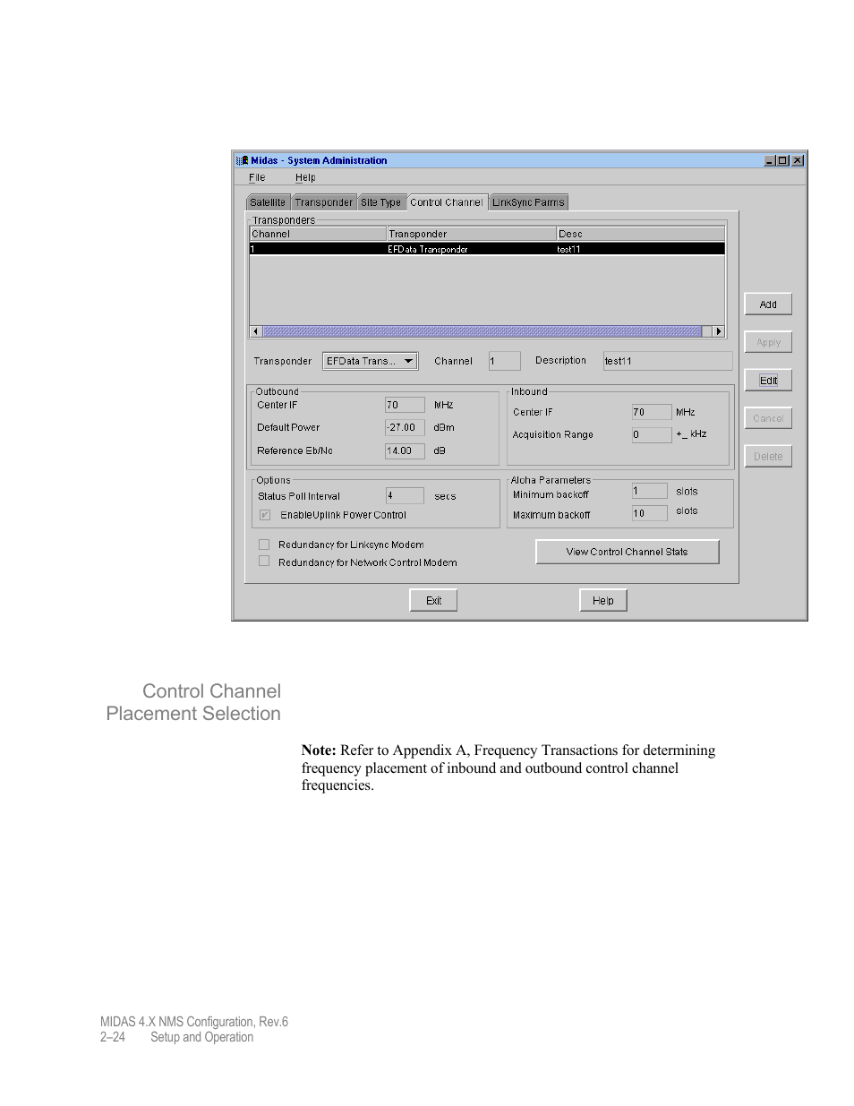 Control channel placement selection | Comtech EF Data MIDAS Version 4.X NMS Configuration User Manual | Page 52 / 150
