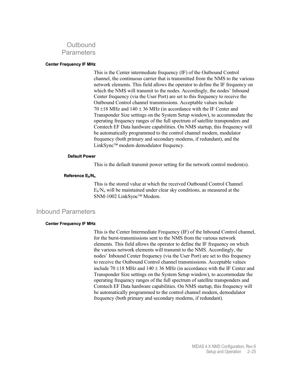 Outbound parameters, Inbound parameters | Comtech EF Data MIDAS Version 4.X NMS Configuration User Manual | Page 53 / 150