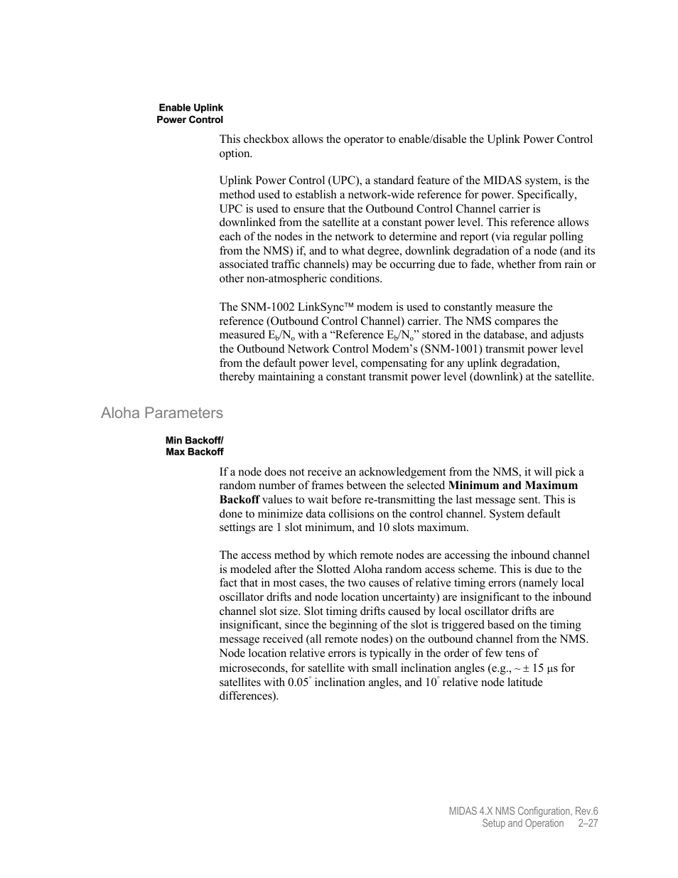 Aloha parameters | Comtech EF Data MIDAS Version 4.X NMS Configuration User Manual | Page 55 / 150