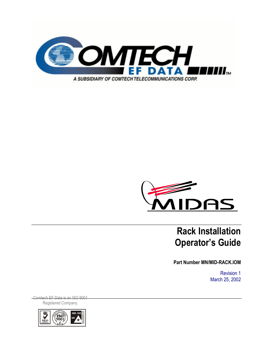 Rack installation operator’s guide part number, Network customer support, Rack installation operator’s guide | Comtech EF Data MIDAS Rack Installation User Manual | Page 3 / 44