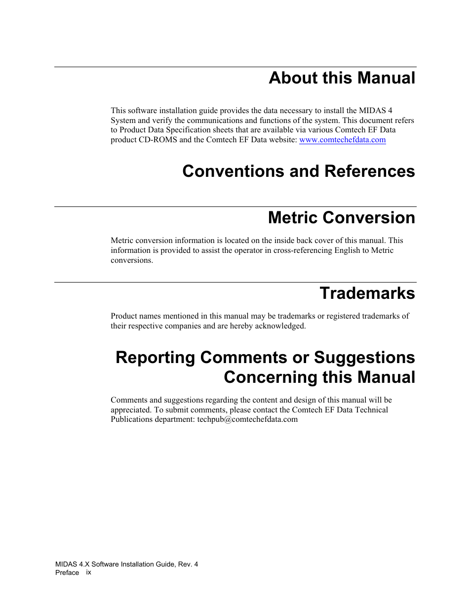 About this manual, Conventions and references metric conversion, Trademarks | Comtech EF Data MIDAS 4 Software Installation User Manual | Page 11 / 50