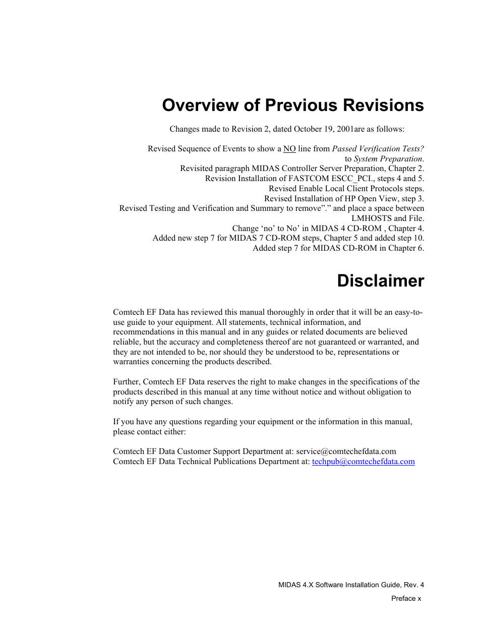 Overview of previous revisions, Disclaimer | Comtech EF Data MIDAS 4 Software Installation User Manual | Page 12 / 50