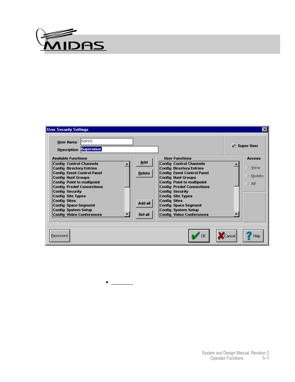 Operator functions, User management and security | Comtech EF Data MIDAS 4 System and Design User Manual | Page 71 / 126