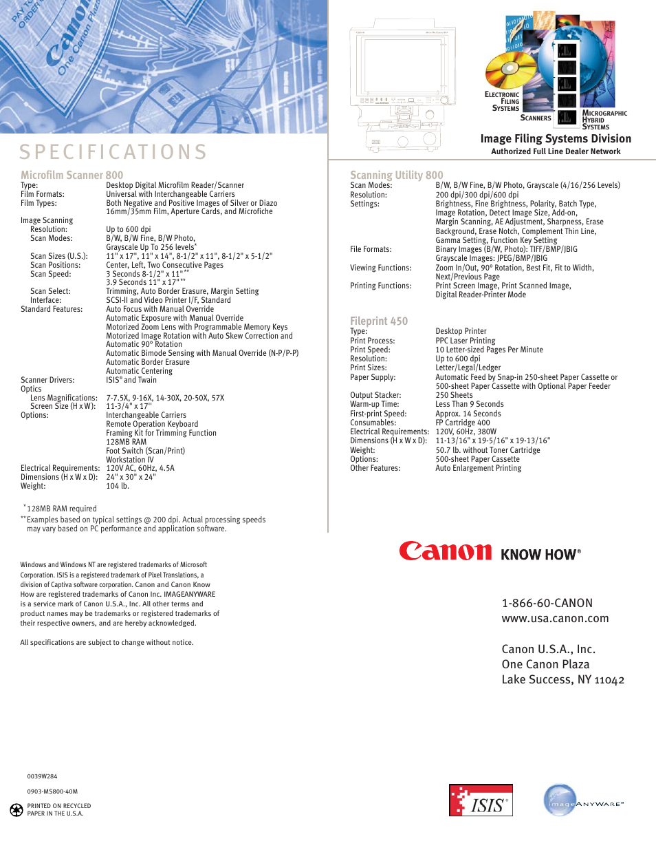 Microfilm scanner 800, Scanning utility 800, Fileprint 450 | Image filing systems division | Canon DIGITAL MICROFILM SCANNER MS-800 User Manual | Page 4 / 4