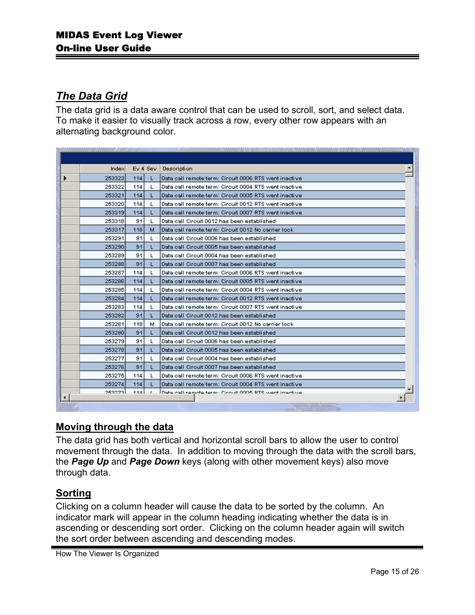 The data grid, Moving through the data, Sorting | Moving through the data sorting | Comtech EF Data MIDAS Event Log Viewer User Manual | Page 17 / 30