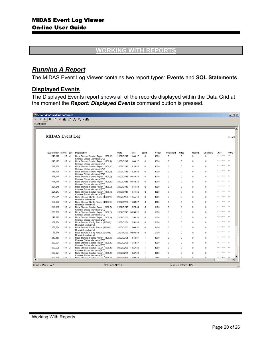 Working with reports, Running a report, Displayed events | Unning, Eport | Comtech EF Data MIDAS Event Log Viewer User Manual | Page 22 / 30