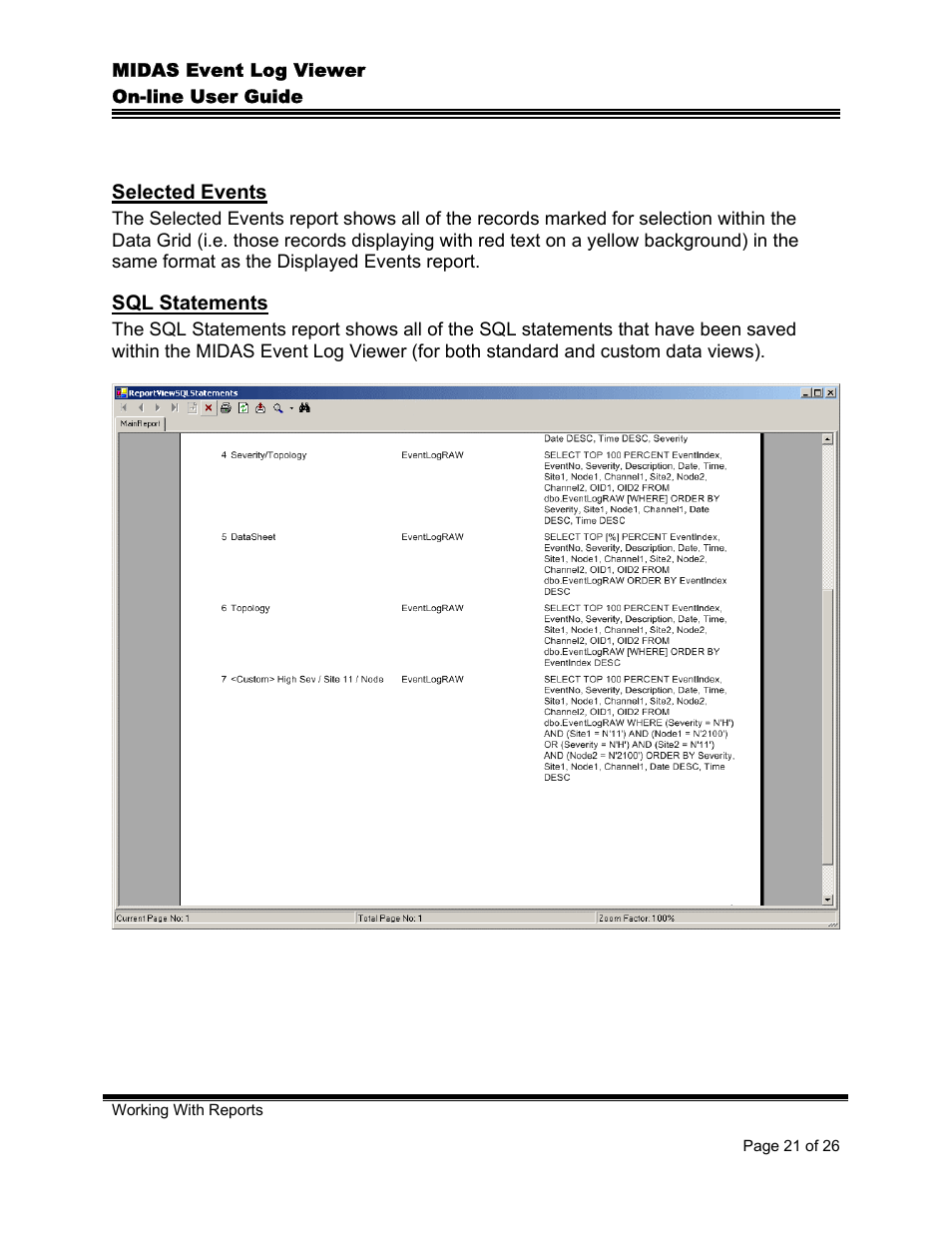 Selected events, Sql statements, Selected events sql statements | Comtech EF Data MIDAS Event Log Viewer User Manual | Page 23 / 30