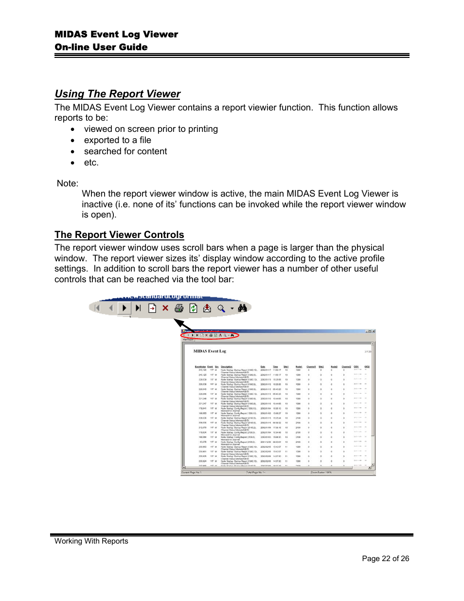 Using the report viewer, The report viewer controls, Sing | Eport, Iewer | Comtech EF Data MIDAS Event Log Viewer User Manual | Page 24 / 30