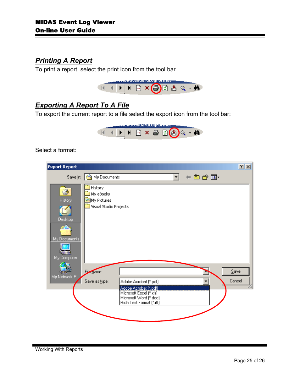 Printing a report, Exporting a report to a file, Rinting | Eport, Xporting | Comtech EF Data MIDAS Event Log Viewer User Manual | Page 27 / 30
