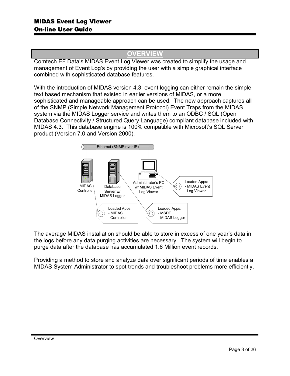 Overview, Midas event log viewer on-line user guide | Comtech EF Data MIDAS Event Log Viewer User Manual | Page 5 / 30