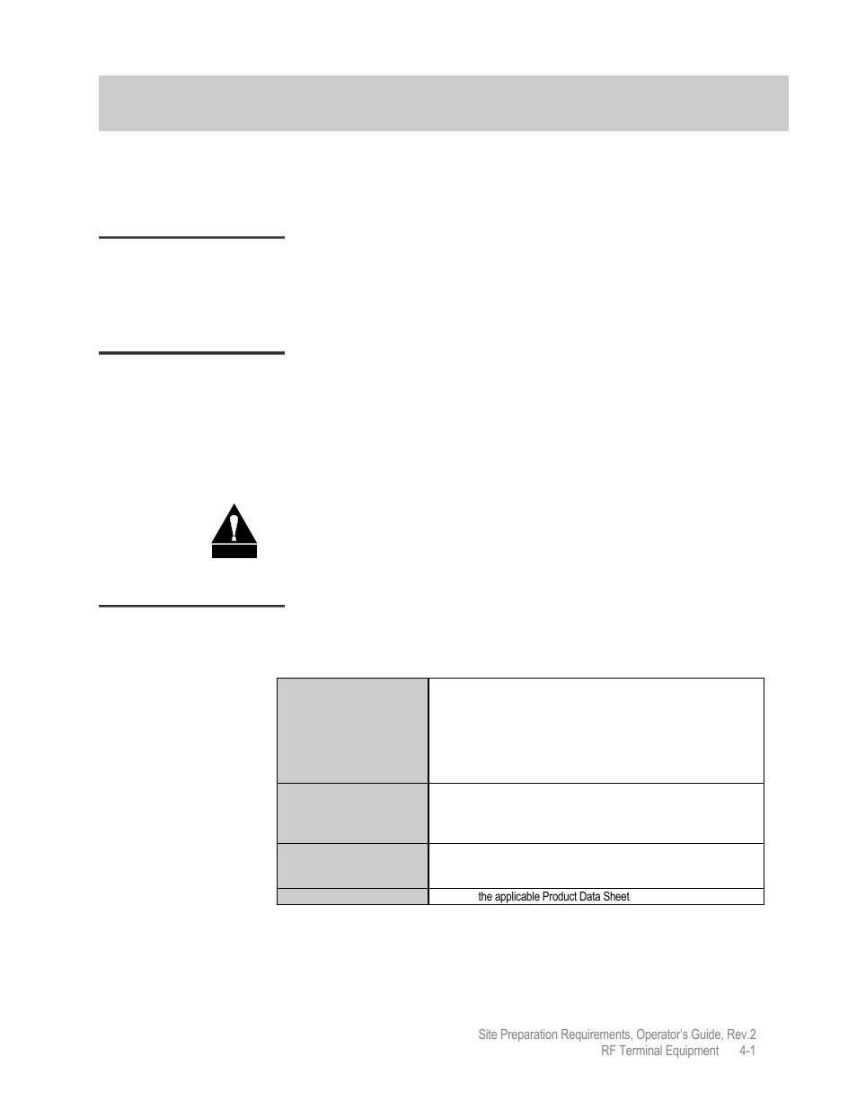 Chp 4 rf terminal equipment, Rf terminal location, Rf terminal environmental conditions | Rf terminal power | Comtech EF Data MIDAS Site Preparation Requirements User Manual | Page 21 / 30