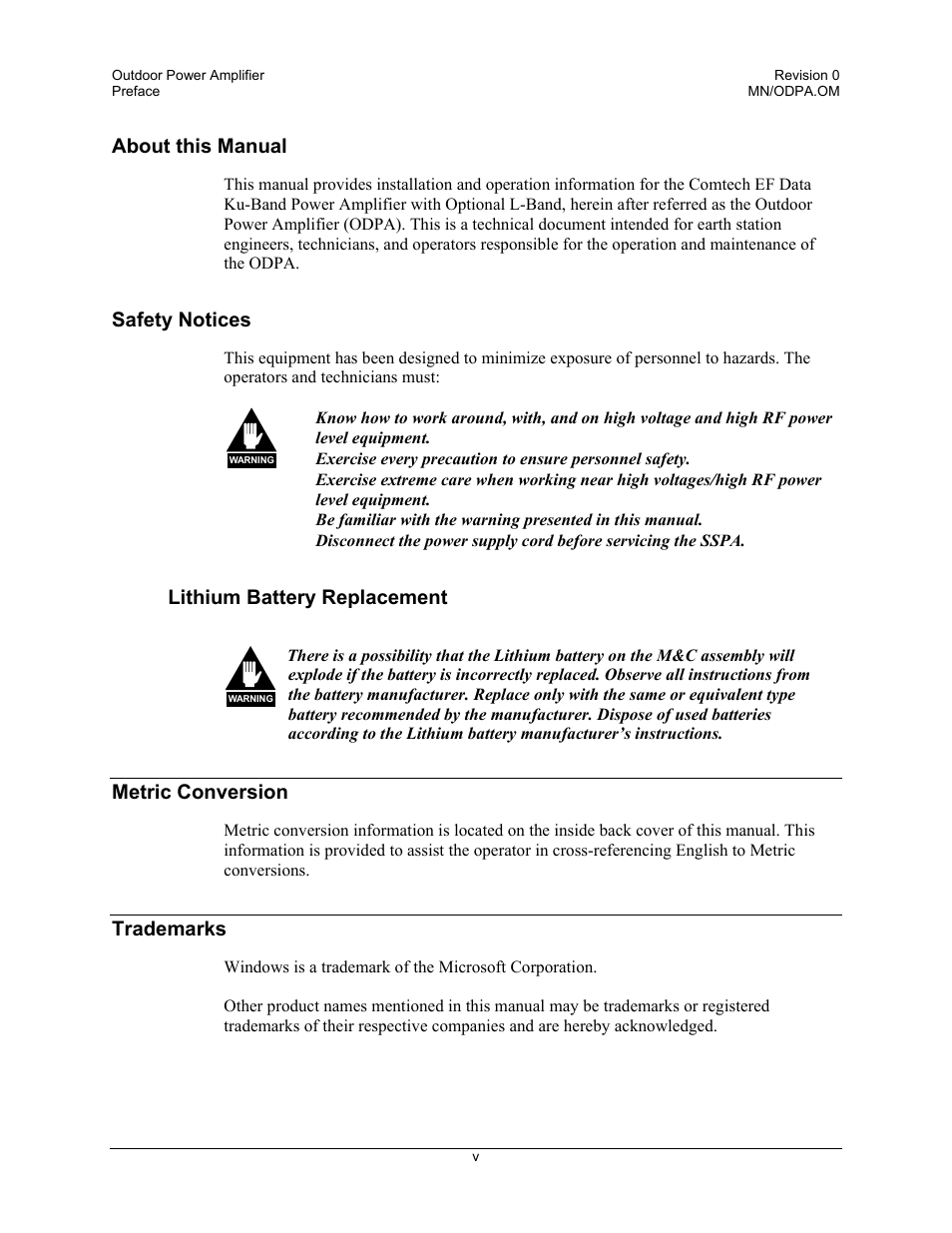 About this manual, Safety notices, Lithium battery replacement | Metric conversion, Trademarks | Comtech EF Data Ku-Band Power Amplifier with Optional L-Band User Manual | Page 11 / 34