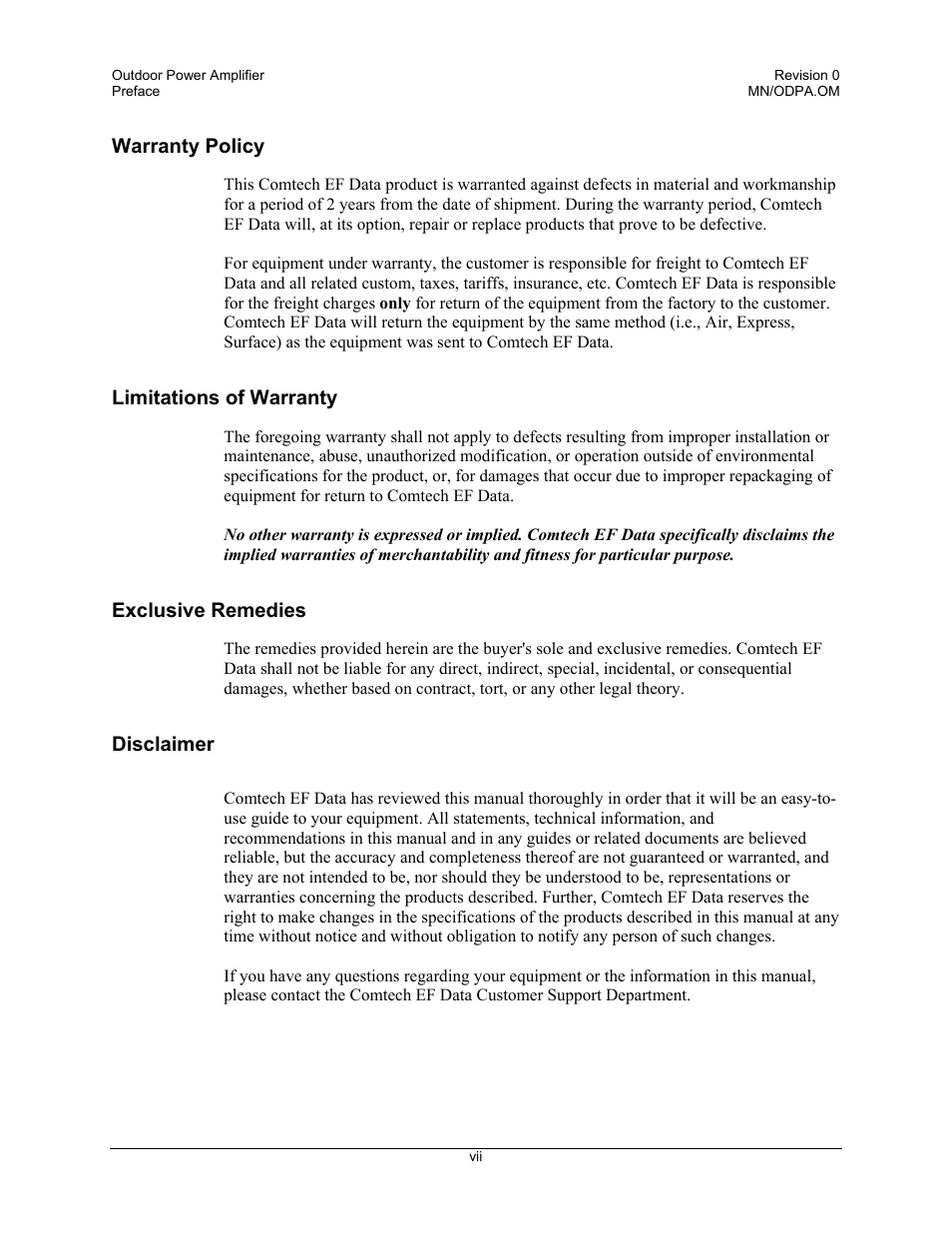 Warranty policy, Limitations of warranty, Exclusive remedies | Disclaimer | Comtech EF Data Ku-Band Power Amplifier with Optional L-Band User Manual | Page 13 / 34