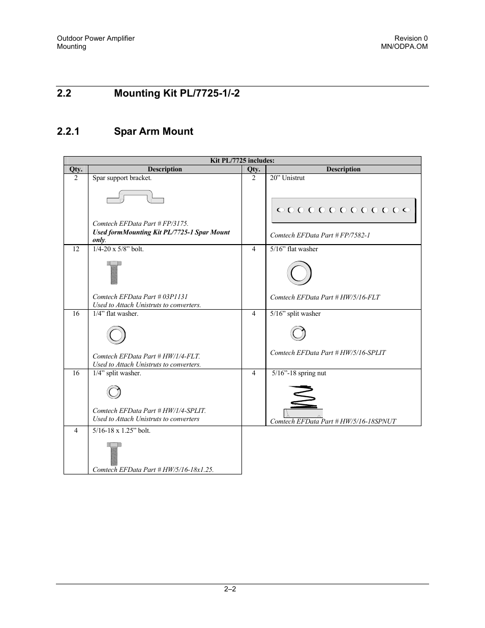 Mounting kit pl/7725-1/-2, Spar arm mount | Comtech EF Data Ku-Band Power Amplifier with Optional L-Band User Manual | Page 20 / 34