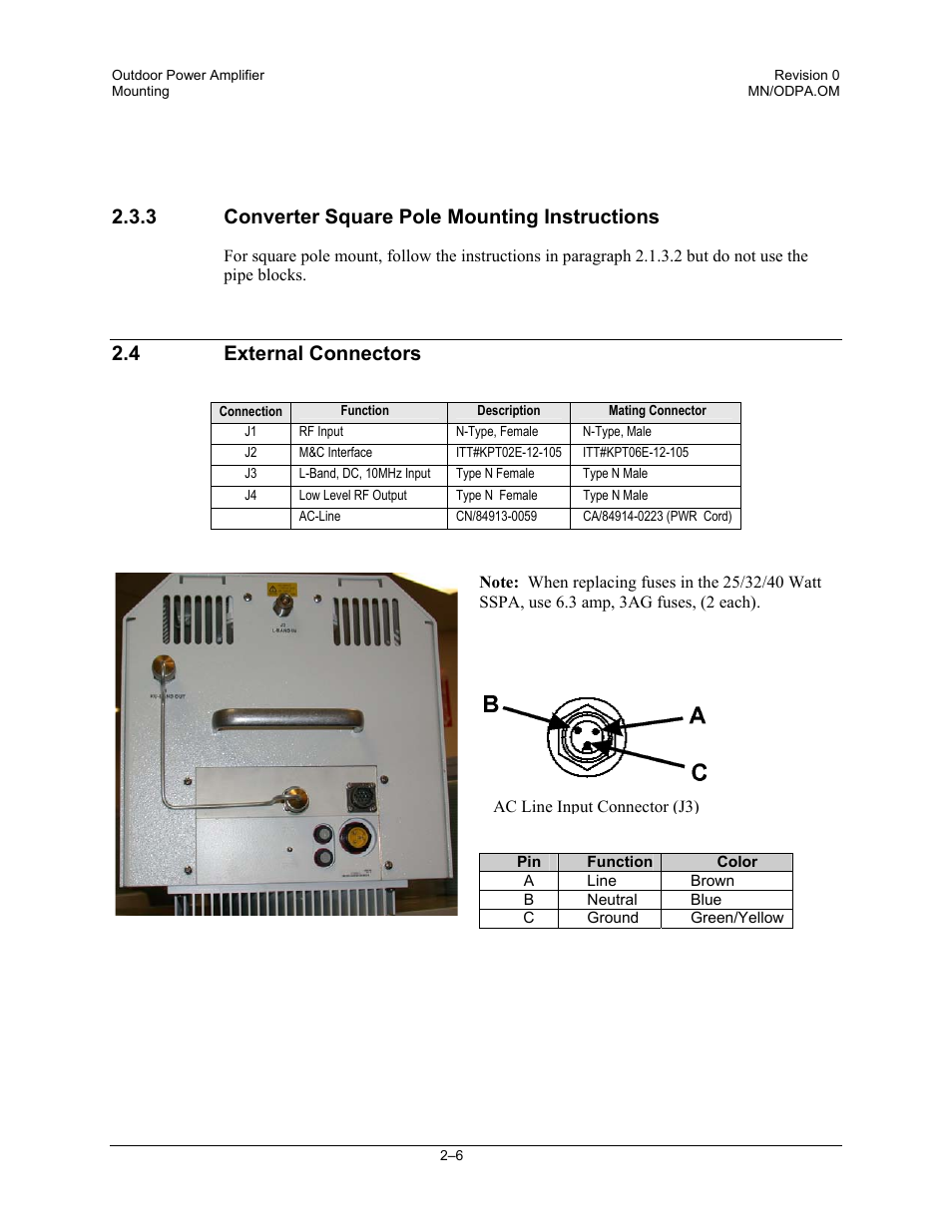 Converter square pole mounting instructions, External connectors, 3 converter square pole mounting instructions | 4 external connectors | Comtech EF Data Ku-Band Power Amplifier with Optional L-Band User Manual | Page 24 / 34